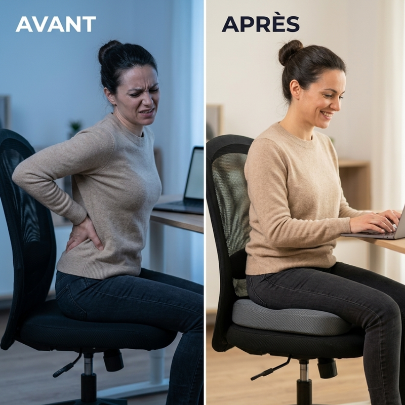 Avant après coussin coccyx SoftSleep — femme soulagée de sa douleur au bureau