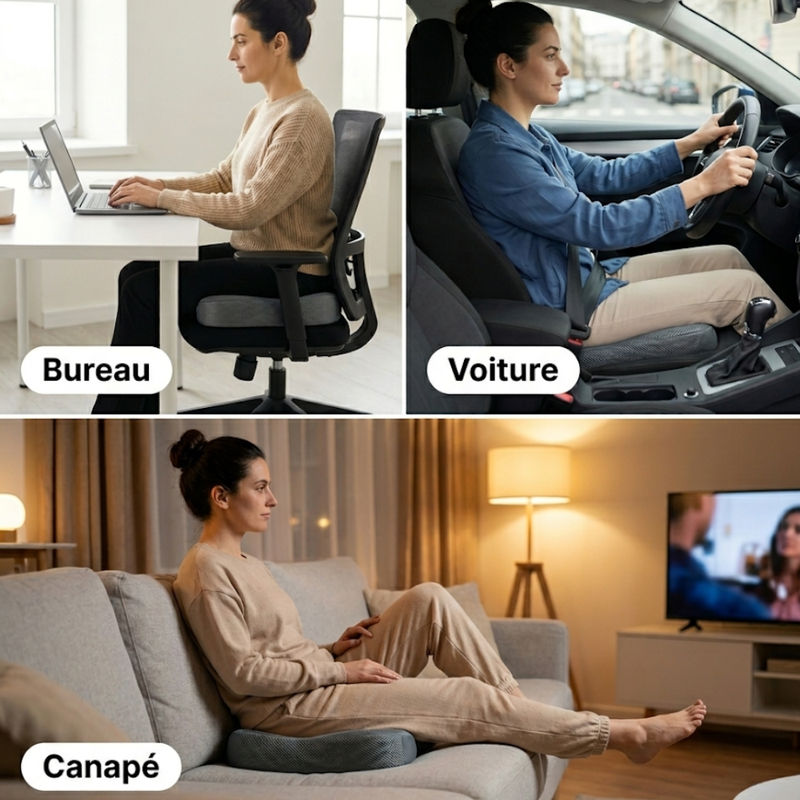 Coussin coccyx SoftSleep utilisé au bureau, en voiture et sur canapé